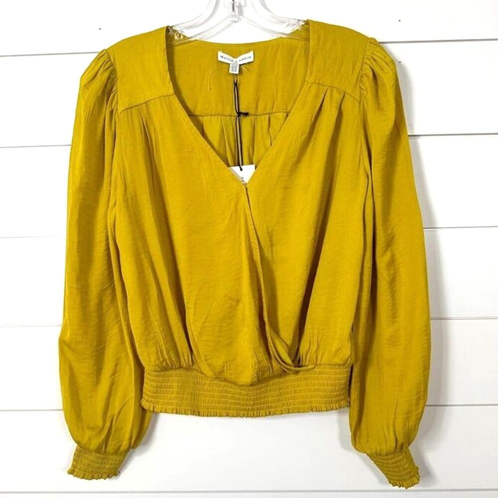 NEW Maison d'Amelie Women's Long Ruched Sleeves V-Neck Blouse Top Yellow XS